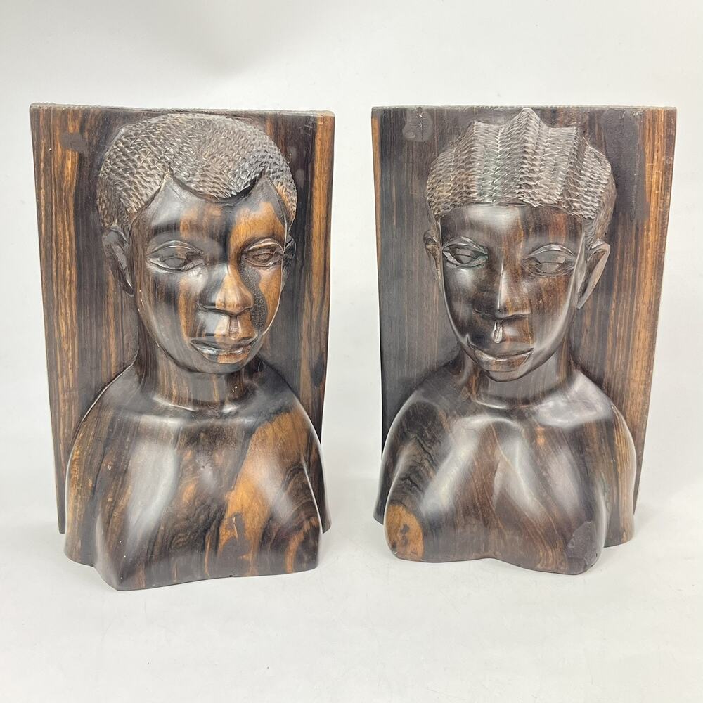 Vtg African Art Hand Carved Iron Wood Bookends Busts Two Women Pair Tribal Decor